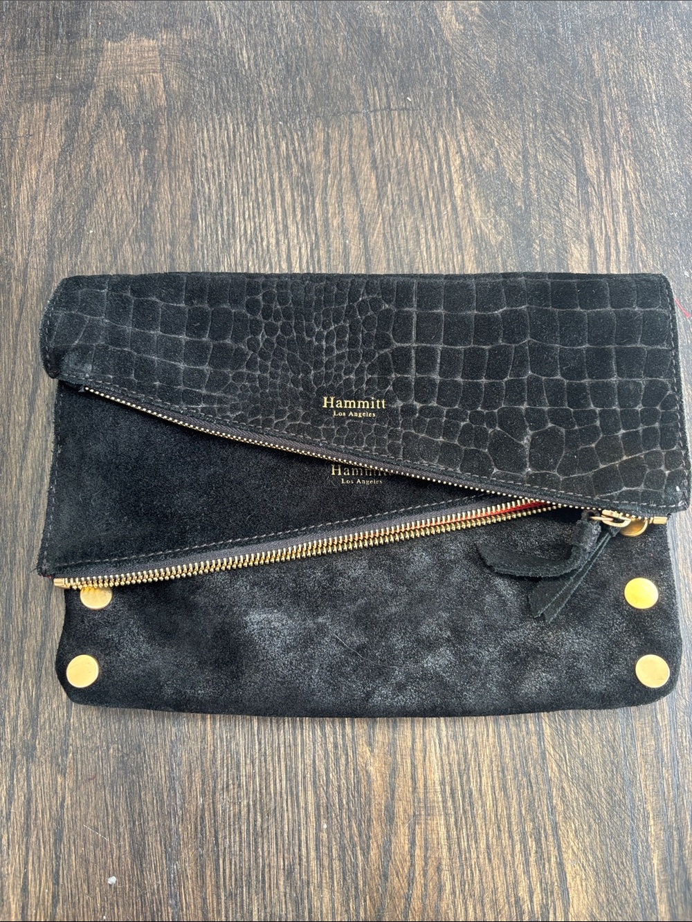 Hammitt suede bag, gold tone accents, textured, pockets, NO STRAP, 8x10.5”
